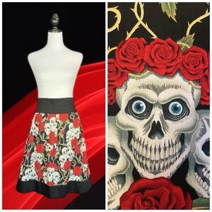 Hemet Black White Red Skull Rose Print Rockabilly Pinup A-Line Skirt Size XL